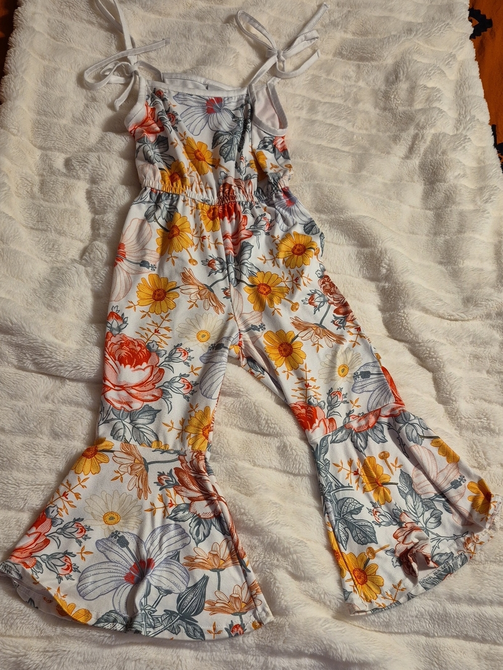 Source Unknown White Jumpsuit with Yellow & Orange Floral Print